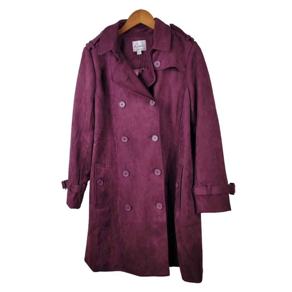 Linea Velvety Trench Coat size 14 Peacoat double Breasted Burgundy Ultrasuede